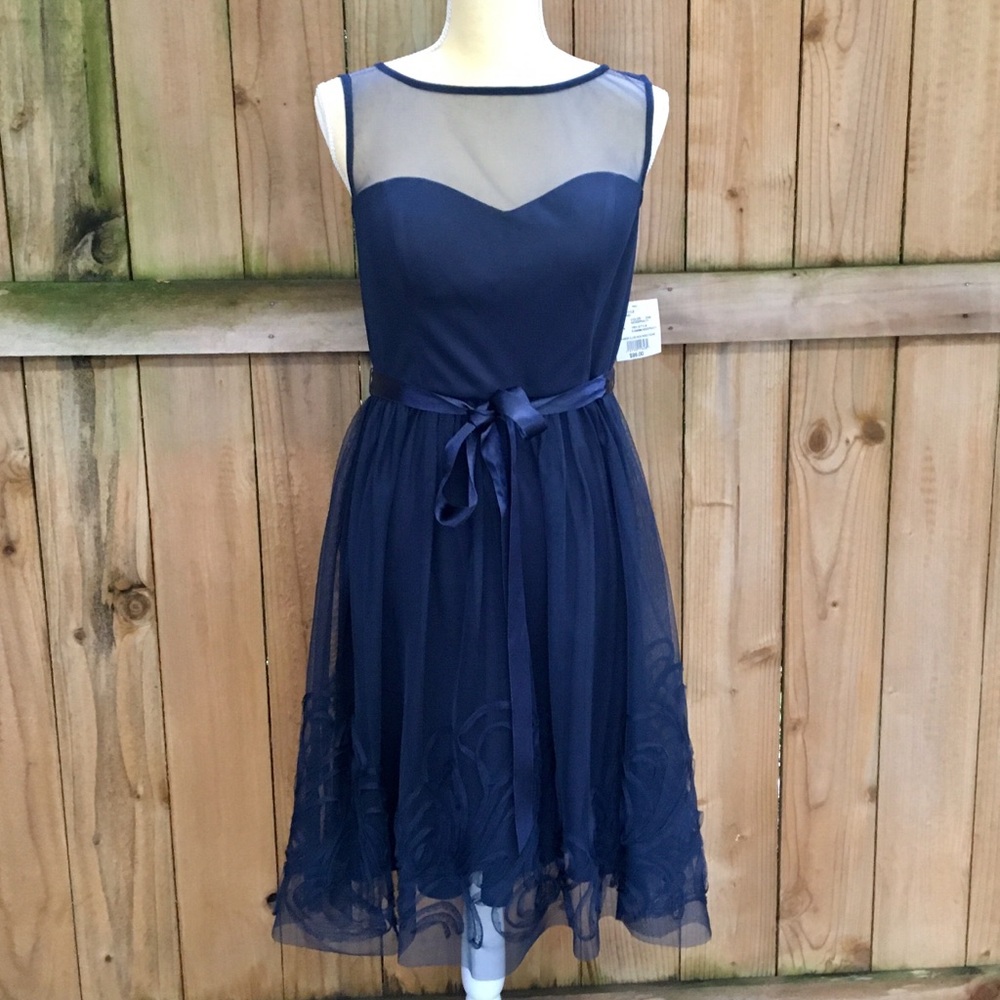 David’s Bridal Illusion Neckline Navy Dress NWT